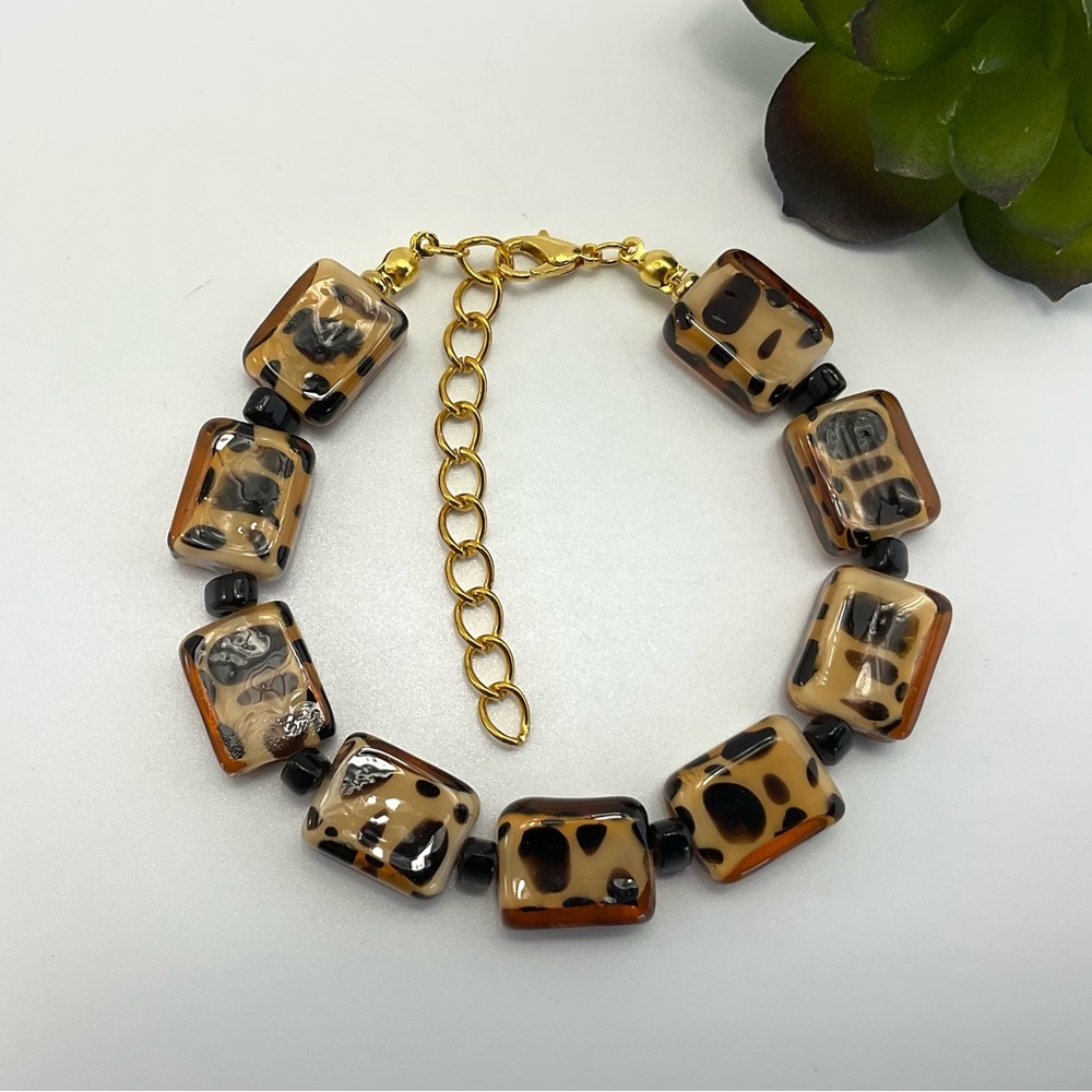 Leopard Pattern Glass Bead Bracelet, Mod, Minimal… - image 4